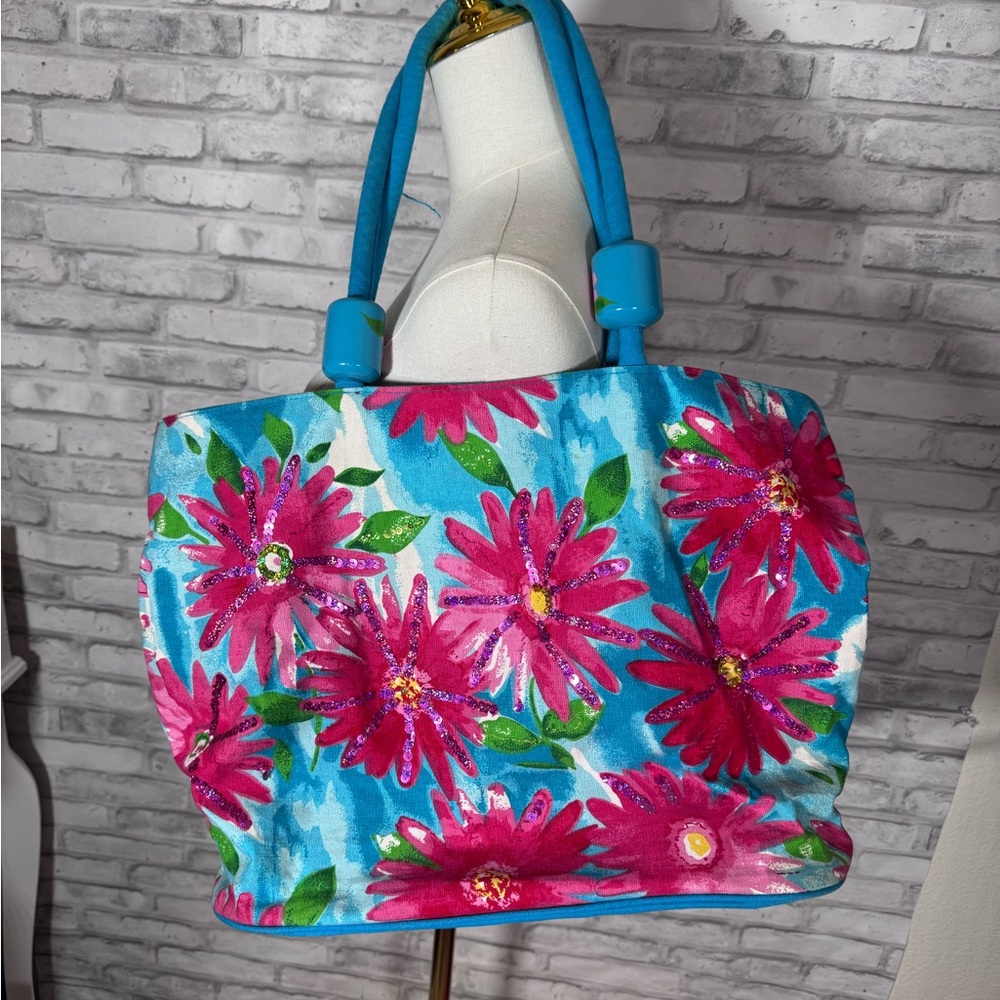 Vintage Large Floral Summer Beach Tote Bag in Blue and Pink